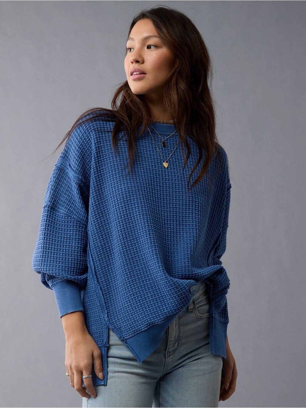 American Eagle Outfitters Blue Waffle-Knit Crew Sweater